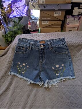POL Floral Embroidered Blue Denim Cutoff Shorts